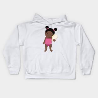 Vacation mood on - cute little dark girl having a quiet moment on the beach listening to the sound of a seashell, lighter ,no text Kids Hoodie